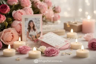 cartoline commemorative di una ragazza con candele e rose rosa