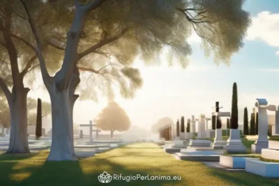 cimitero con grandi alberi che danno ombra e bianche lapidi