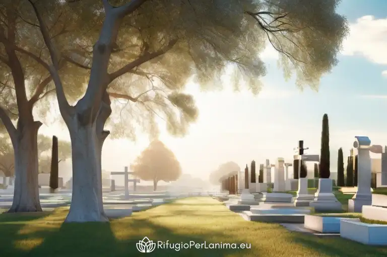 cimitero con grandi alberi che danno ombra e bianche lapidi
