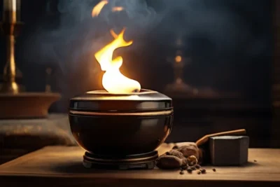 fiamma bruciando legni in un piccolo recipiente