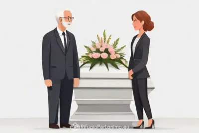 due persone trattando un servizio funebre frente a una bara con rose rosa