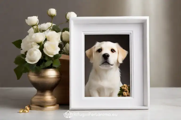 foto di un cucciolo incorniciata con acanto un vaso con rose bianche