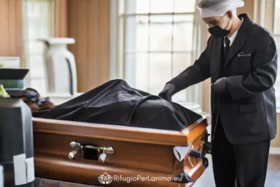 impiegato della funeraria preparando la bara