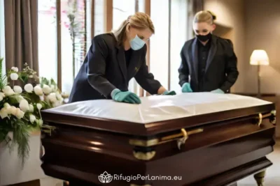 impiegate della funeraria allestendo la bara