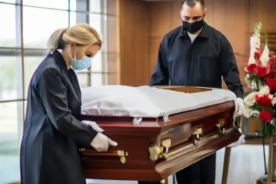 impiegati della funeraria preparando la bara