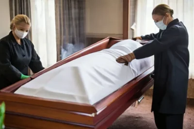 impiegati della funeraria preparando la bara
