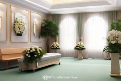 sala funeraria in un ambiente luminoso con tante rose bianche