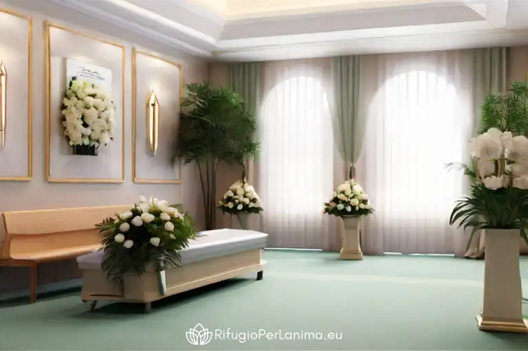 sala funeraria in un ambiente luminoso con tante rose bianche