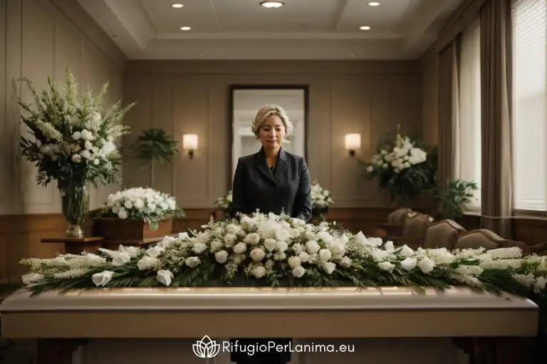 sala funeraria con bellissimi cuscini florali con rose bianche e impiegata della funeraria