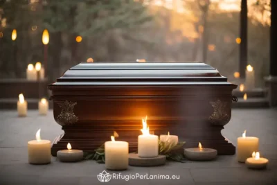 cassa funebre con candele accese in torno