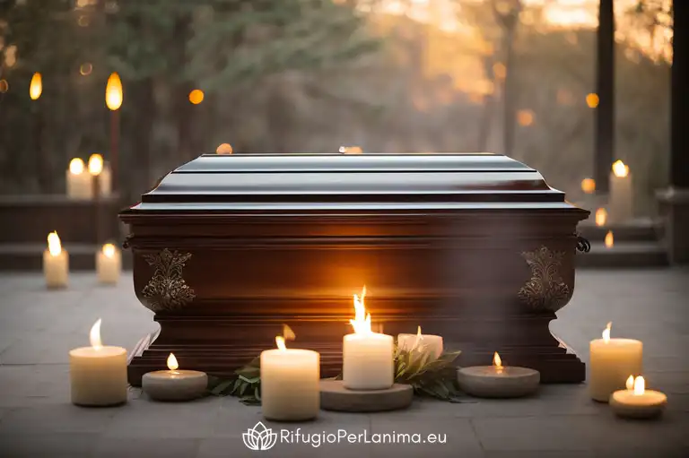 cassa funebre con candele accese in torno